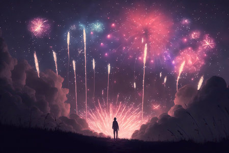 Conceptual image of a young man standing in front of fireworksの素材
