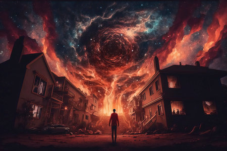Man standing in front of a burning house in the middle of the nightの素材