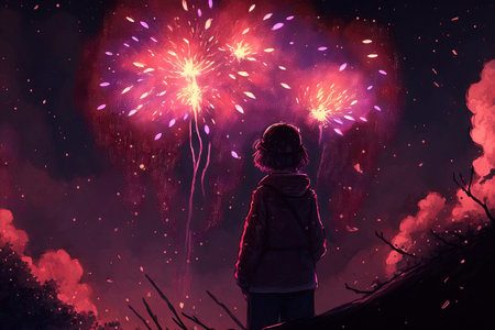 Girl in a red jacket looks at the fireworks in the night skyの素材