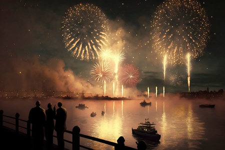 Fireworks over the Kiel Canal with people watching the parade at nightの素材
