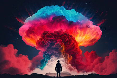 Man standing in front of huge cloud with explosion on the background.の素材