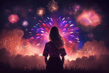 Young woman looking at fireworks exploding in the night sky, back viewの素材