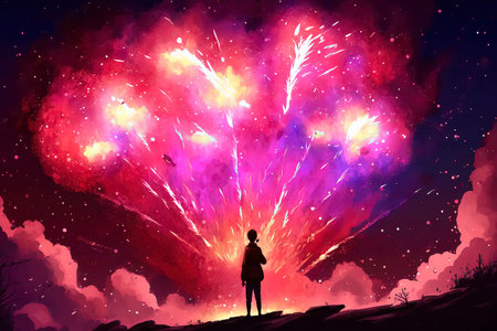 Image of woman standing on hill and looking at fireworks in night skyの素材
