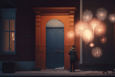 Man standing in front of a door with fireworks exploding in the backgroundの素材