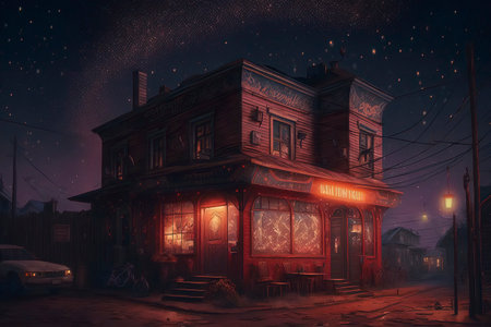 Illustration of an old building in the village at night with starsの素材