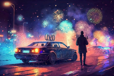 Man and old car with firework on the background of night cityの素材