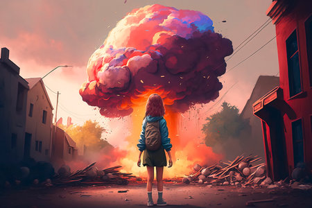 Young woman standing on the street and looking at big cloud of fireの素材