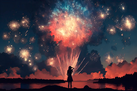 Silhouette of a woman standing in the middle of the fireworkの素材