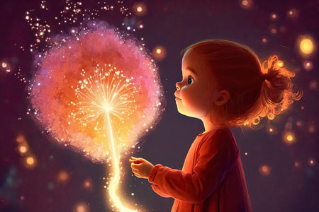 Cute little girl in red dress against color background with sparkling fireworkの素材