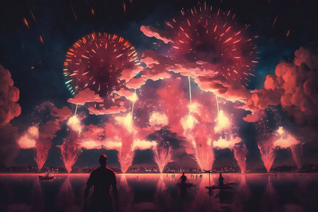 Fireworks display in celebration of Chinese New Year.3D renderingの素材