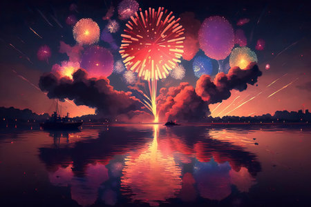 Fireworks in the night sky with reflection on the water. Vector illustration.の素材