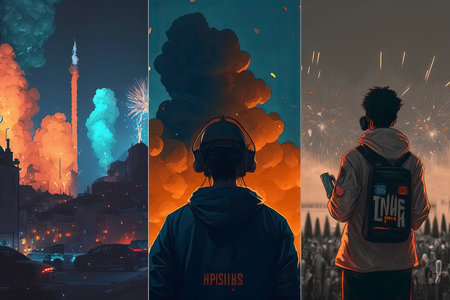 Silhouette of a man in a hood on the background of the city and the explosion of smoke. Collageの素材