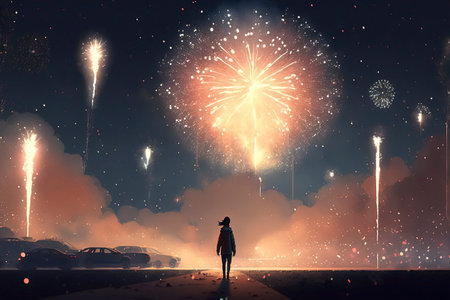 Rear view of young woman looking at fireworks on night sky backgroundの素材