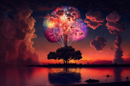 Nuclear explosion in the night sky. 3D illustration.の素材