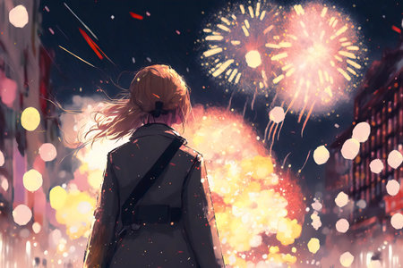 Young woman tourist with backpack looking at fireworks on night cityscape backgroundの素材
