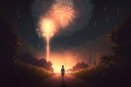 Man standing on the road and looking at fireworks in the night skyの素材