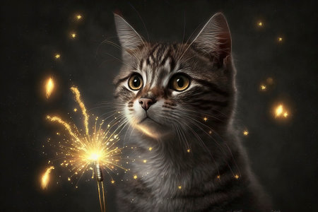 Cute tabby cat with sparkler and firework on dark backgroundの素材