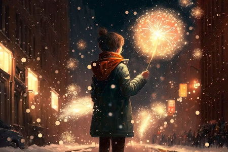 Little girl in winter coat with Bengal firework at night. Back viewの素材