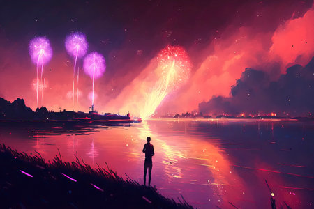 fireworks in the night sky with silhouette of a man standing on the river bankの素材