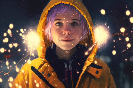 Portrait of a girl in a yellow raincoat with bright lights on her faceの素材