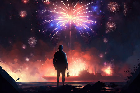 Man looking at fireworks in the night sky. 3D rendering.の素材
