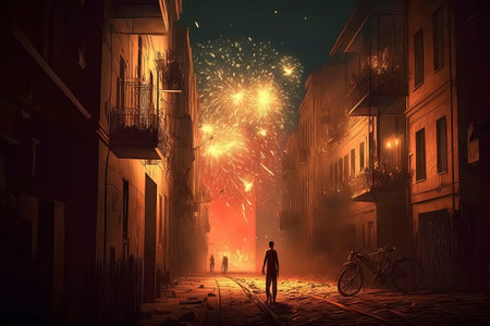 Conceptual image of a man looking at fireworks in the night cityの素材