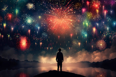 Silhouette of man looking at fireworks on the night sky backgroundの素材