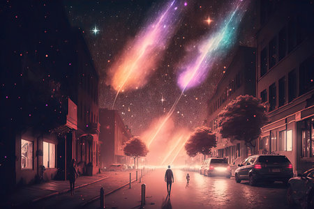 Woman walking on the street in the city at night. Collage.の素材