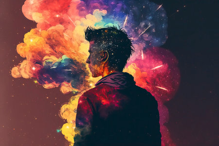 Man with colorful smoke in his face on a dark background. Mixed mediaの素材