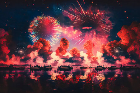 Beautiful firework with reflection on the water. Abstract background.の素材