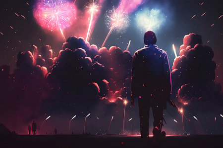 Man watching fireworks in the night sky. New year and Christmas concept.の素材
