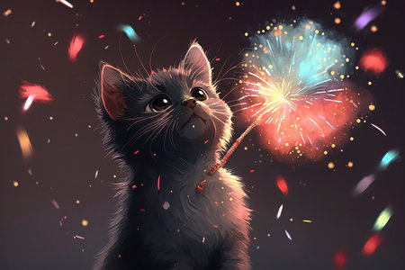 Cute cat with a sparkler in his hand on a dark backgroundの素材