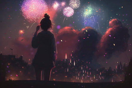 Young woman watching fireworks in the night sky. Concept of celebration.の素材