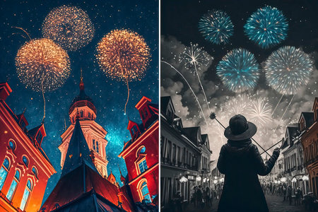 Collage of woman with fireworks in Gdansk, Poland.の素材
