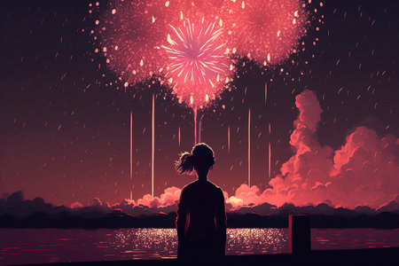 Silhouette of young woman looking at fireworks above the lake at nightの素材