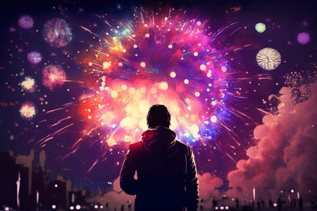 Young man standing with back and looking at fireworks exploding in night skyの素材