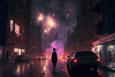 Silhouette of a woman walking through the rain in the city.の素材