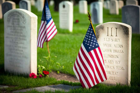 American flag on a gravestone in a cemetery in the United States of Americaの素材