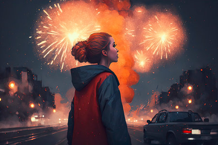 Young woman in red raincoat standing on the road and looking at fireworksの素材