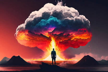 Man standing on the edge of a cliff and looking at a huge explosion.の素材