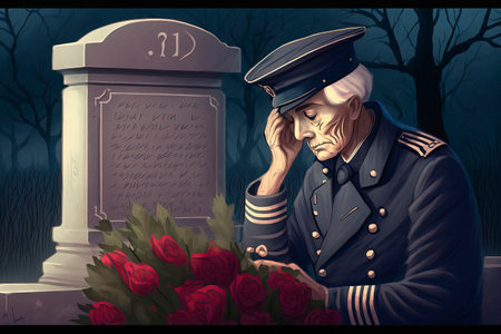 Soldier in the cemetery with a bouquet of red roses.の素材