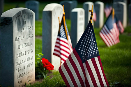 Memorial Day. American Flag on gravestones at the cemetery.の素材