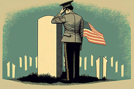 The soldier with a flag of the United States in his hand.の素材