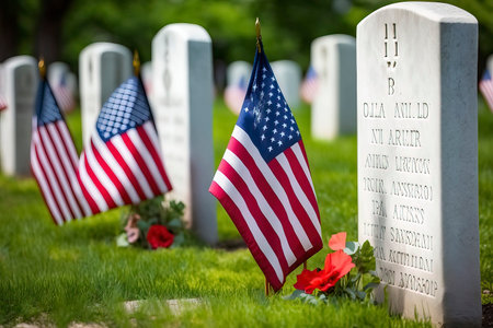 Memorial Day in the United States of America. American flags on a graveの素材