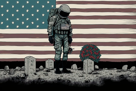 Astronaut stands on the background of the American flag and cemeteryの素材