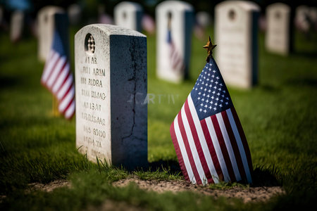 Gravestones with American flag in the cemetery. Selective focus.の素材
