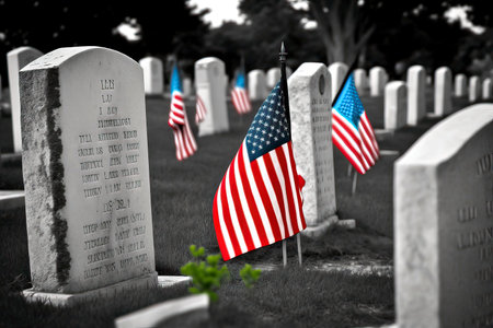 American flag on a gravestone in a cemetery, 3d renderの素材