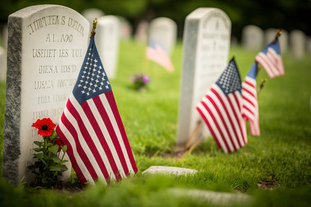 American flag on gravestone at a cemetery in the United States of Americaの素材