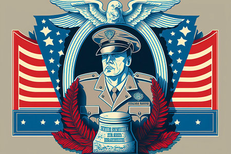 American Army soldier with USA flag, vector illustration in retro style.の素材