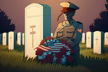 Soldier in the cemetery with a bouquet of flowers. Illustration.の素材